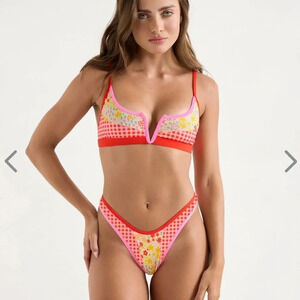 NWT OneOne Swimwear SET Bikini Floral Checks Red Cute NEW Jenna Noelia Pink